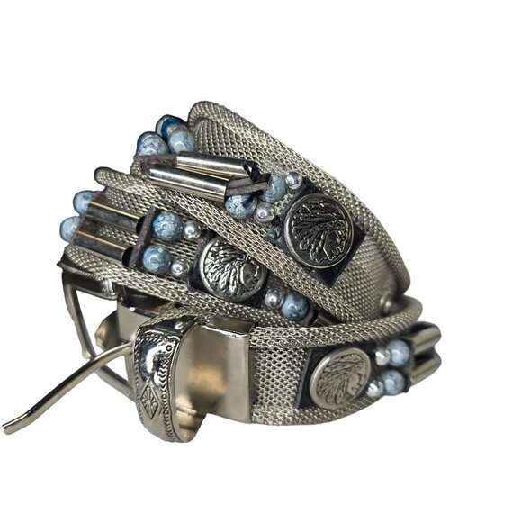 Handcrafted Silver Metal Mesh Belt With Ornate Buckle & Blue Beads Size M - Picture 10 of 12